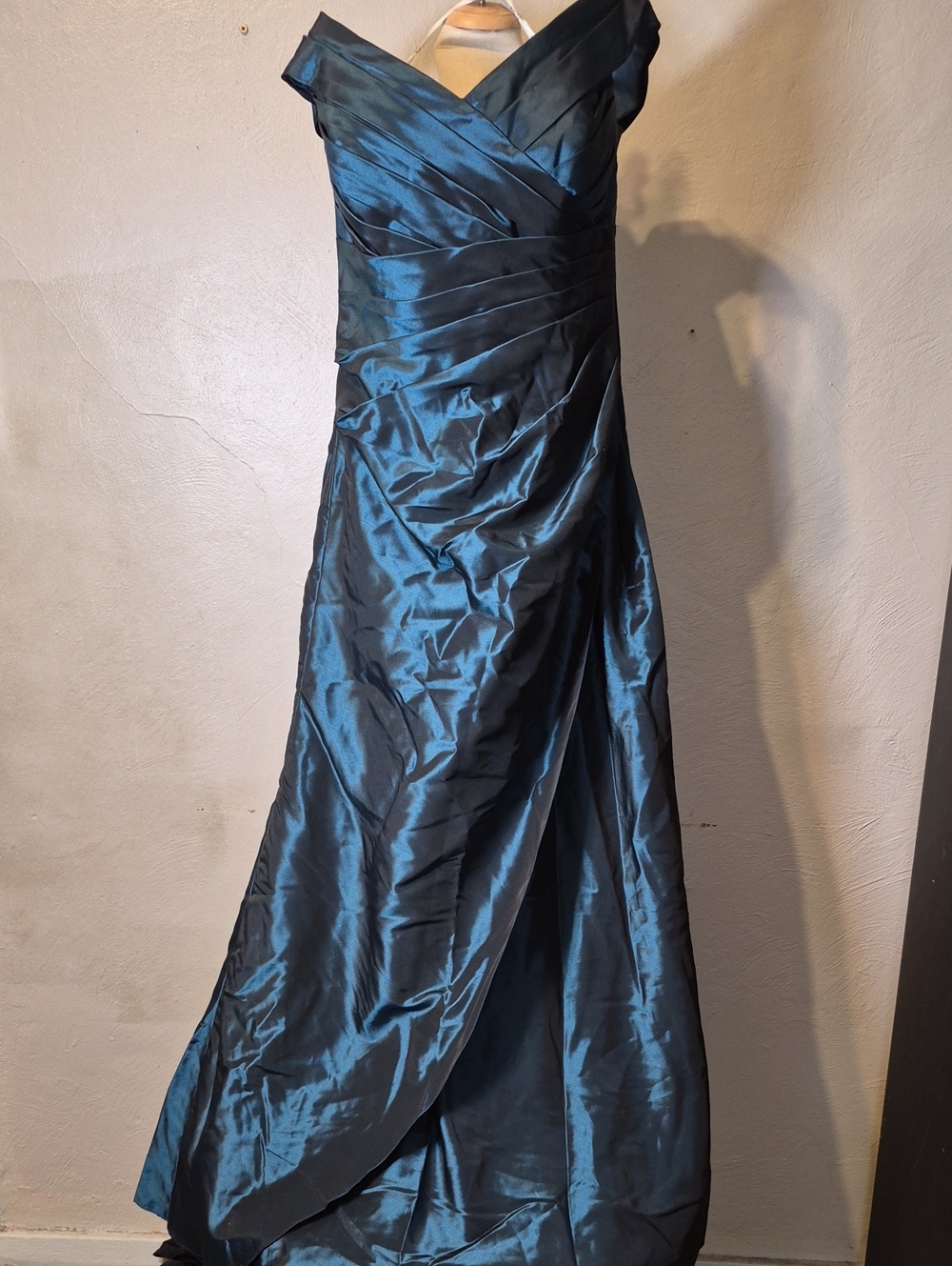 Off-Shoulder Teal Satin Maxi Dress